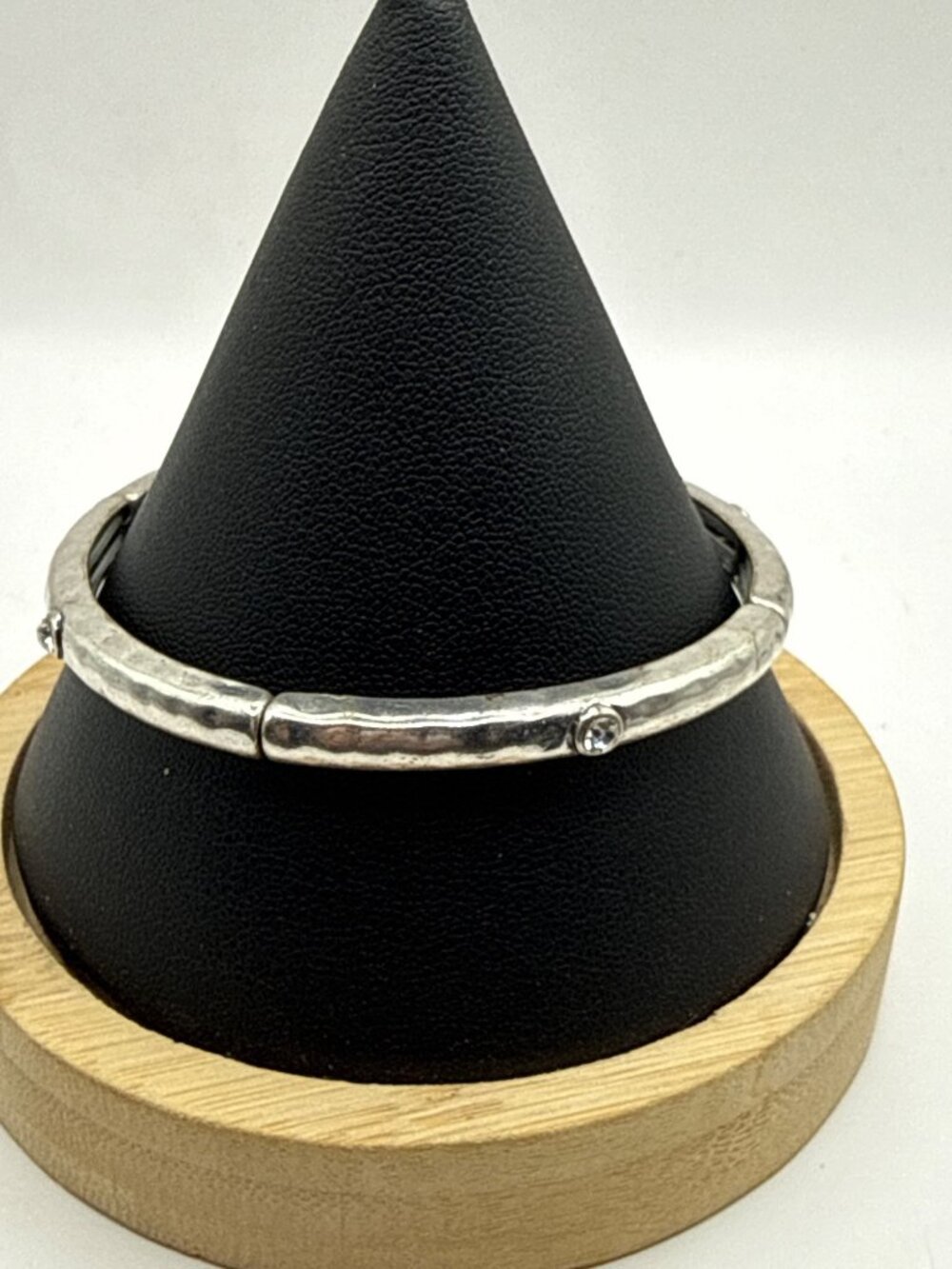 Hammered Silver Segmented Stretch Bangle Bracelet Rhinestone Boho Grunge Y2K
